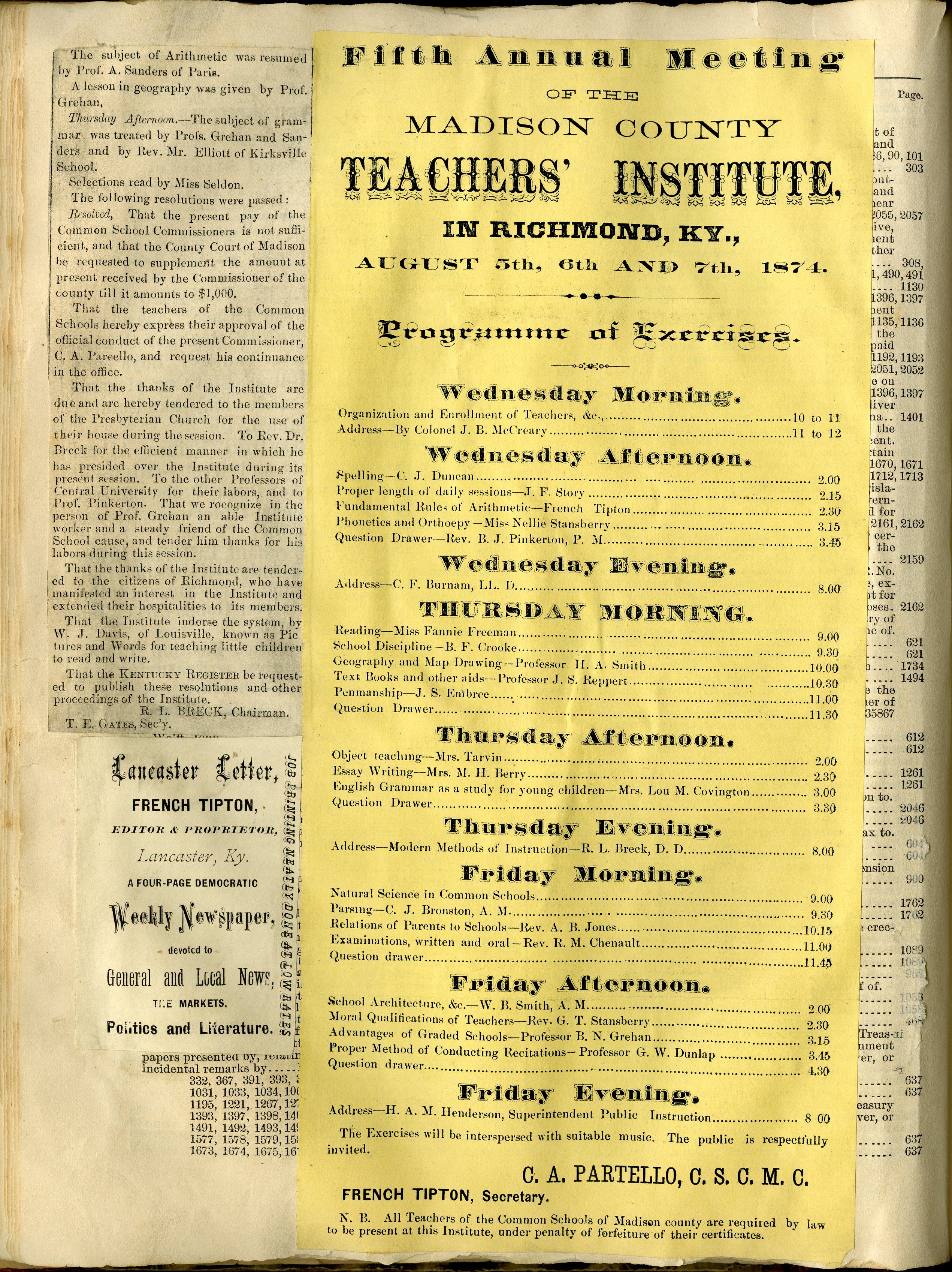 Page from the late 19th century scrapbook of French Tipton (1848-1900), Madison County, Kentucky newspaper editor, judge, and journalist.