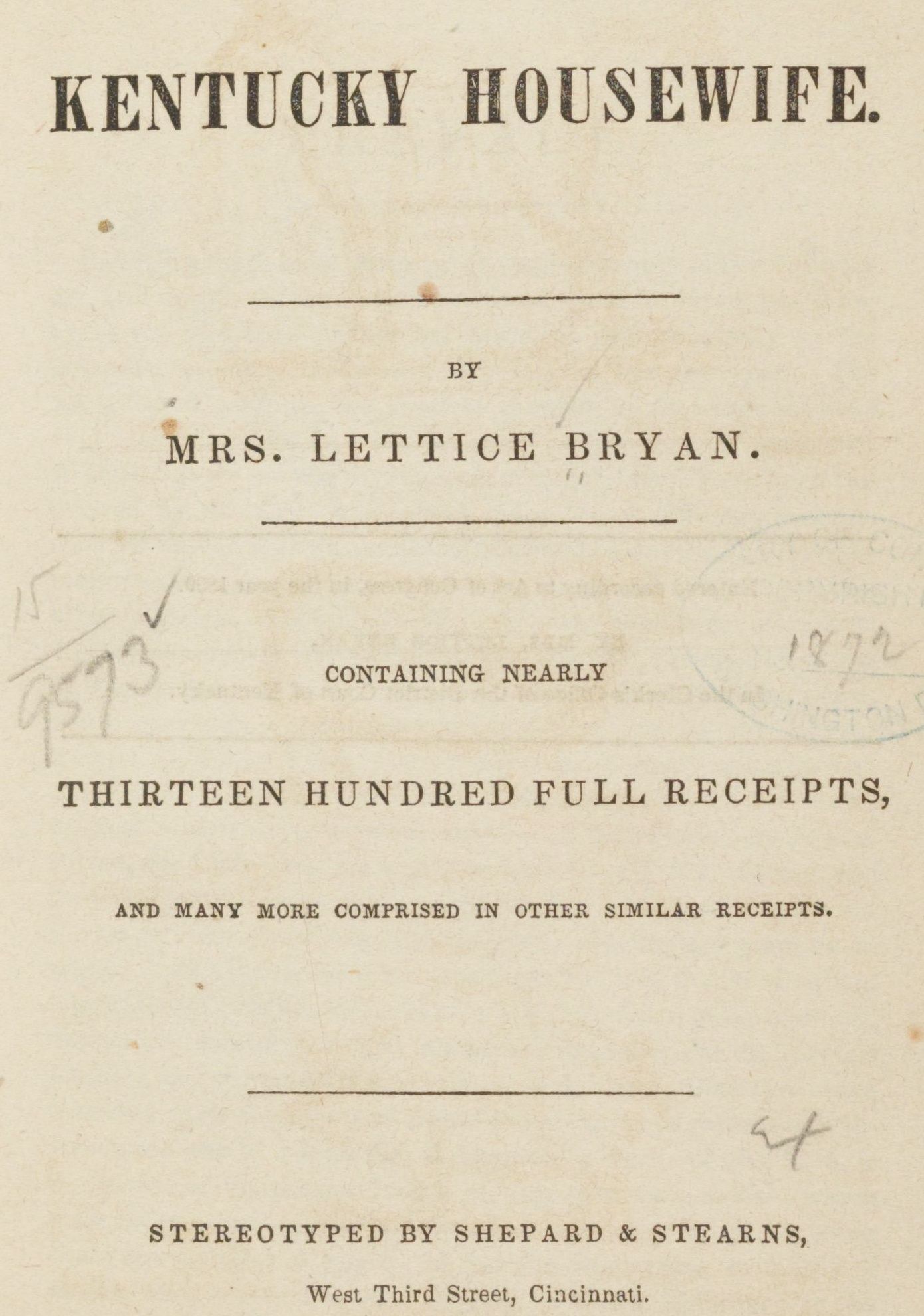 Cover of the Kentucky Housewife by Lettice Bryan, 1839